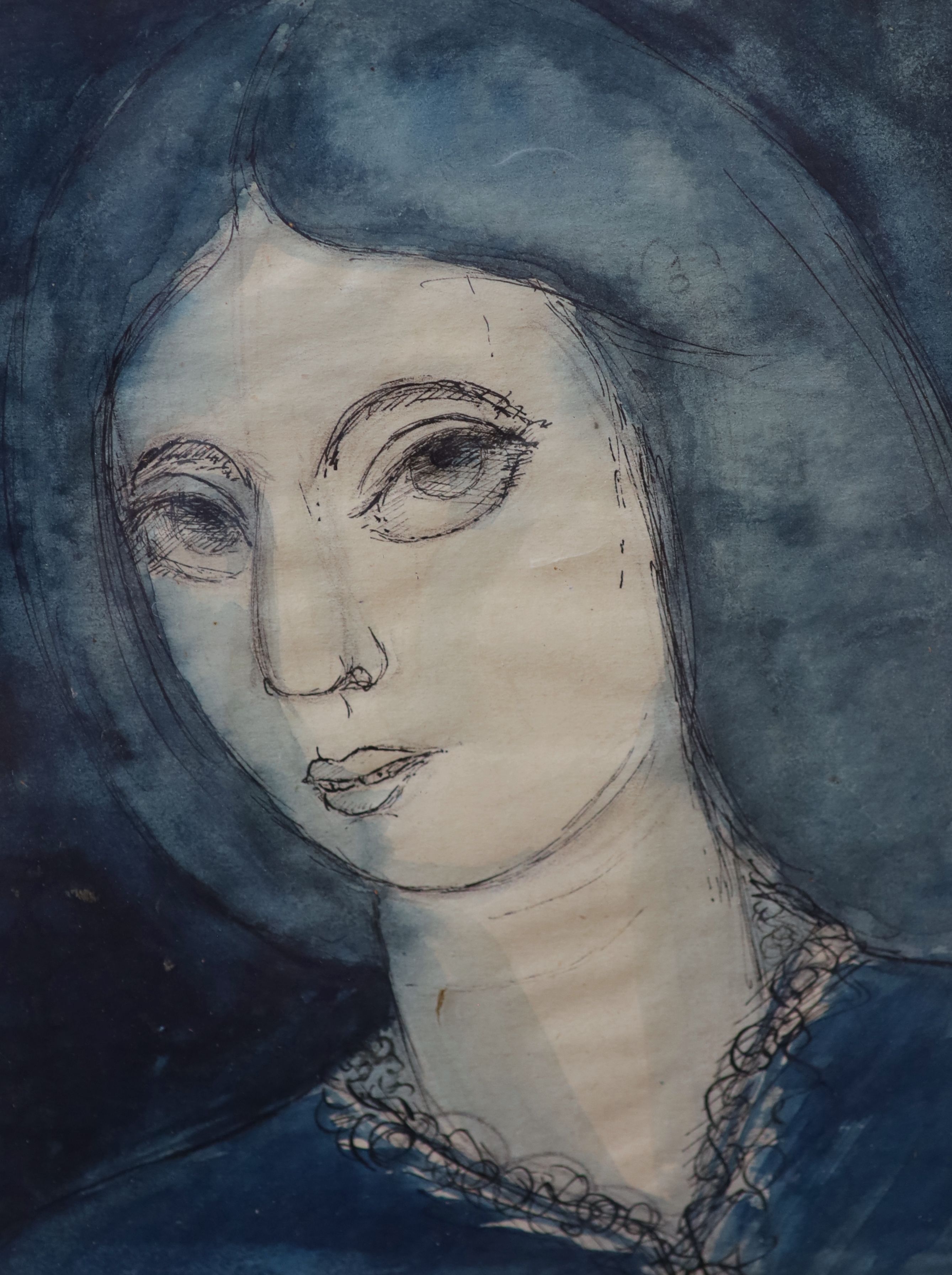 Jack Sassoon (20th C.), Head of a woman, Ink and watercolour, 13 x 10 cm.